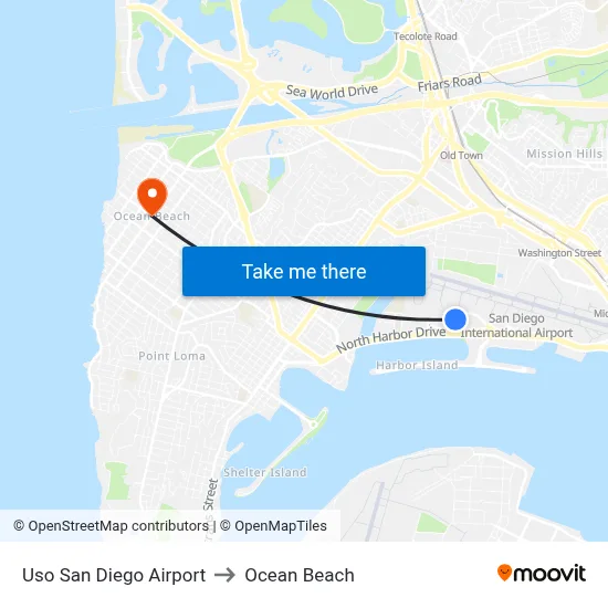 Uso San Diego Airport to Ocean Beach map