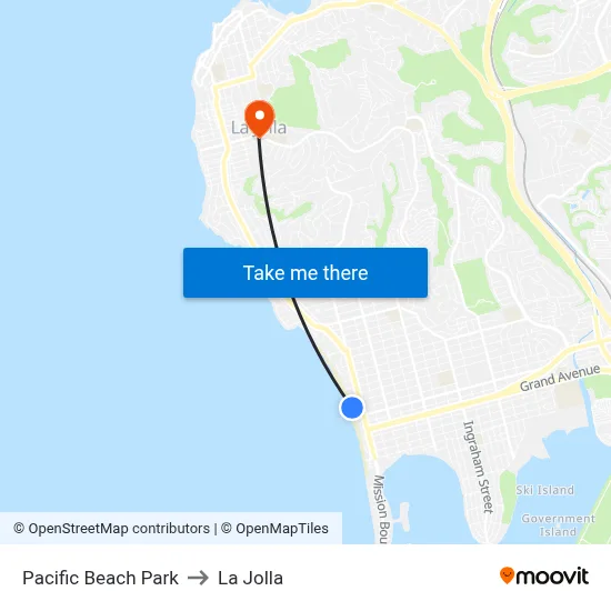 Pacific Beach Park to La Jolla map