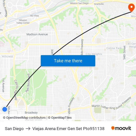 San Diego to Viejas Arena Emer Gen Set Pto951138 map