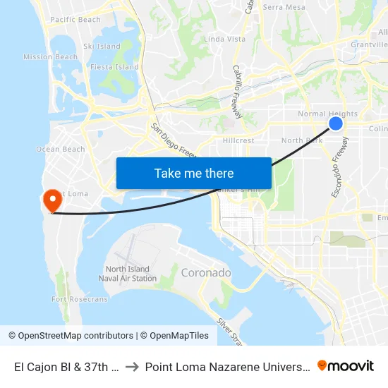El Cajon Bl & 37th St to Point Loma Nazarene University map