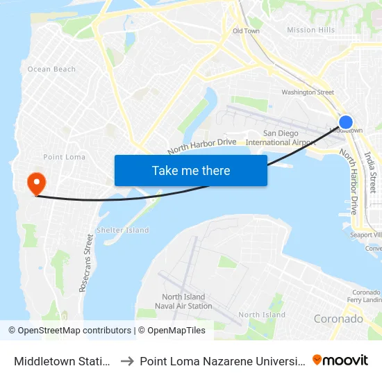 Middletown Station to Point Loma Nazarene University map