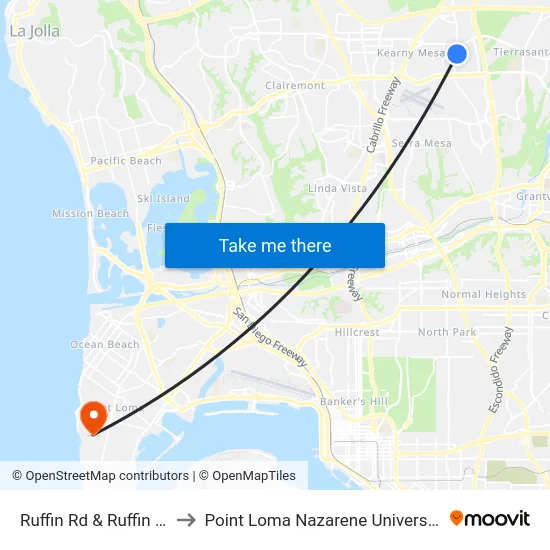 Ruffin Rd & Ruffin Ct to Point Loma Nazarene University map