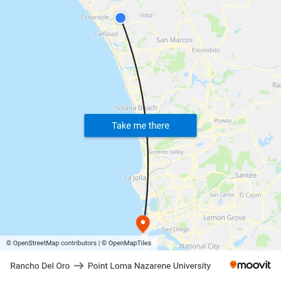 Rancho Del Oro to Point Loma Nazarene University map