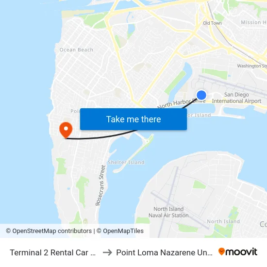 Terminal 2 Rental Car Shuttle to Point Loma Nazarene University map