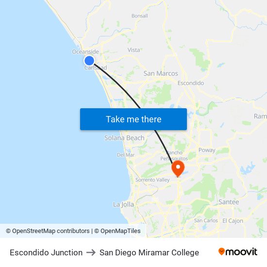 Escondido Junction to San Diego Miramar College map