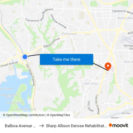 Balboa Avenue Station to Sharp Allison Derose Rehabilitation Center map