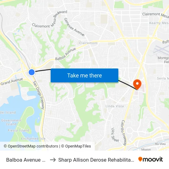 Balboa Avenue Station to Sharp Allison Derose Rehabilitation Center map