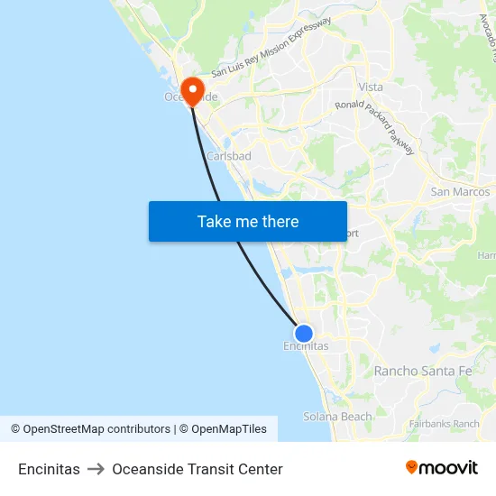 Encinitas to Oceanside Transit Center map