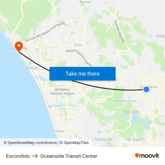 Escondido to Oceanside Transit Center map