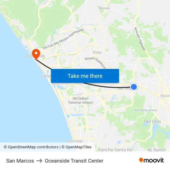 San Marcos to Oceanside Transit Center map