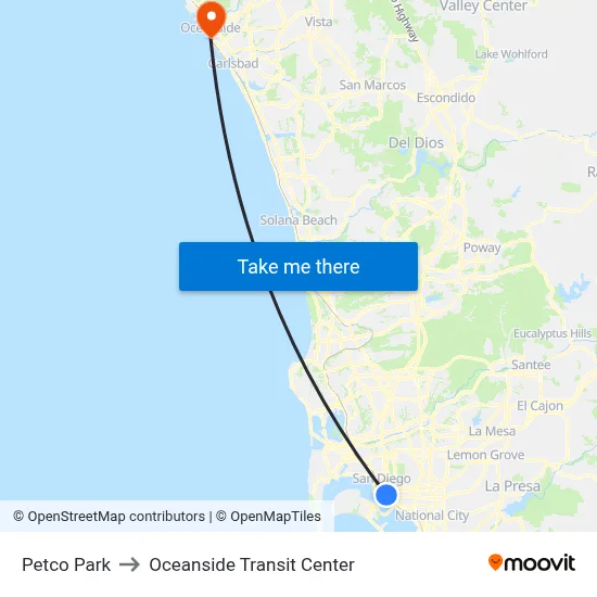 Petco Park to Oceanside Transit Center map