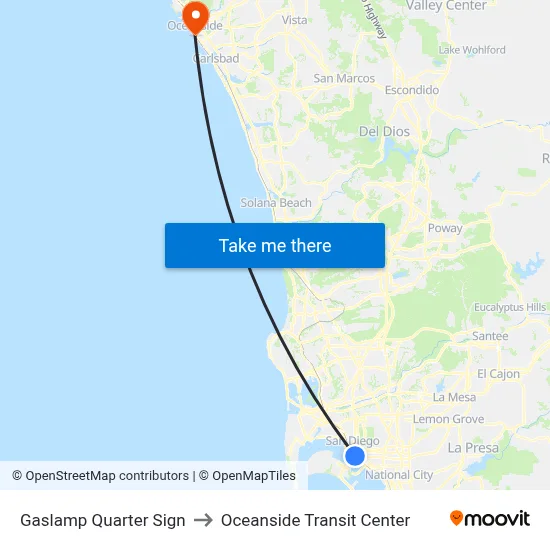 Gaslamp Quarter Sign to Oceanside Transit Center map