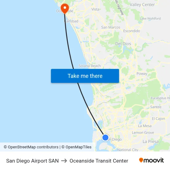 San Diego Airport SAN to Oceanside Transit Center map
