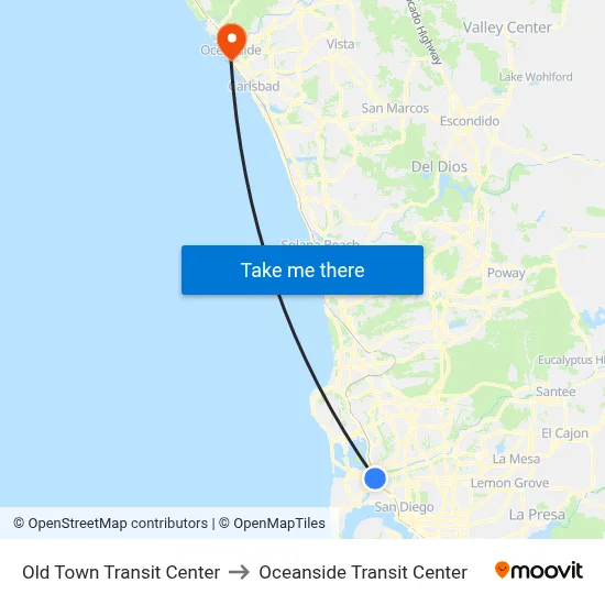 Old Town Transit Center to Oceanside Transit Center map