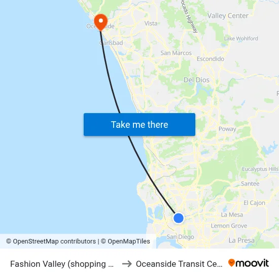Fashion Valley (shopping mall) to Oceanside Transit Center map