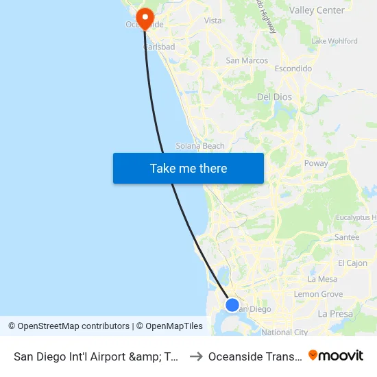 San Diego Int'l Airport &amp; Terminal 2 West to Oceanside Transit Center map