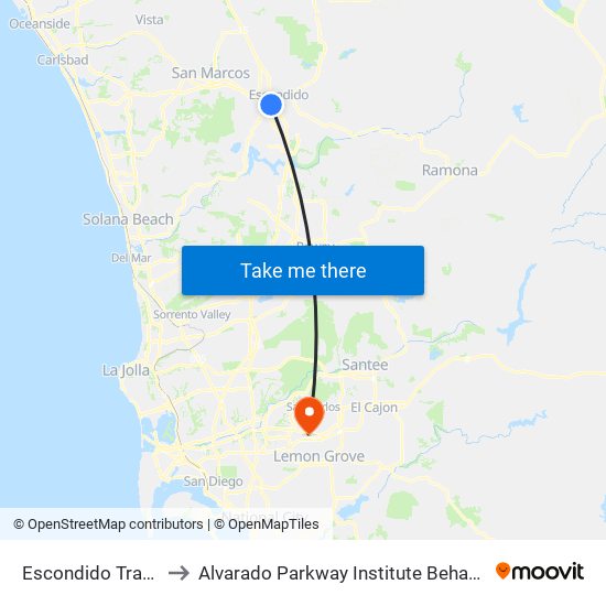 Escondido Transit Center to Alvarado Parkway Institute Behavioral Health System map