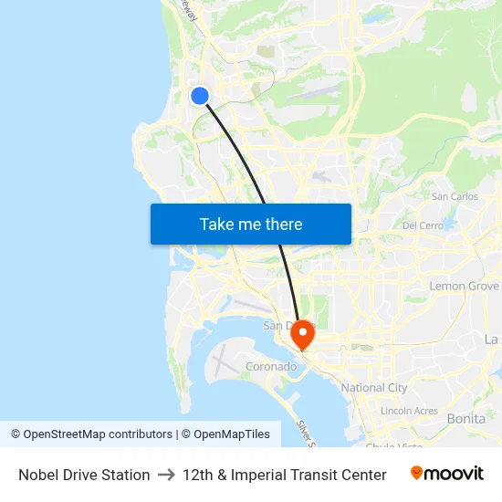 Nobel Drive Station to 12th & Imperial Transit Center map