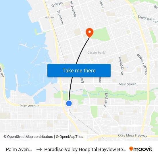 Palm Avenue Station to Paradise Valley Hospital Bayview Behavioral Health Campus map