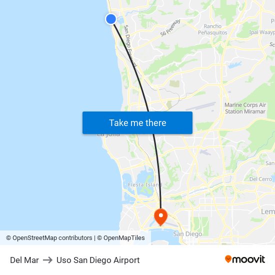 Del Mar to Uso San Diego Airport map