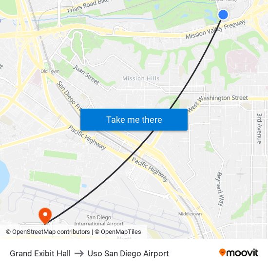 Grand Exibit Hall to Uso San Diego Airport map