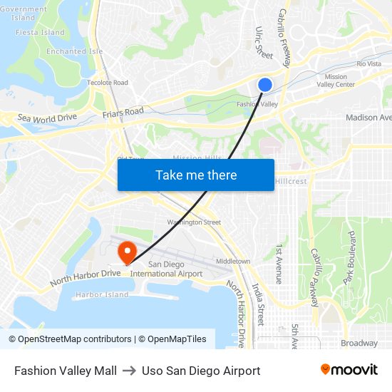 Fashion Valley Mall to Uso San Diego Airport map