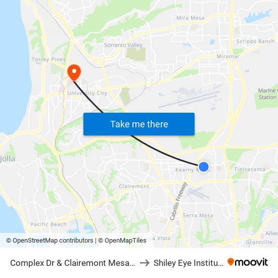 Complex Dr & Clairemont Mesa Bl to Shiley Eye Institute map