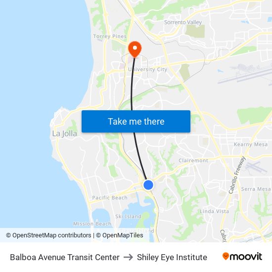 Balboa Avenue Transit Center to Shiley Eye Institute map