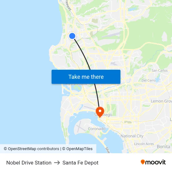 Nobel Drive Station to Santa Fe Depot map