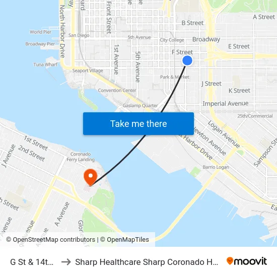 G St & 14th St to Sharp Healthcare Sharp Coronado Hospital map