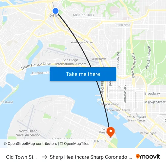 Old Town Station to Sharp Healthcare Sharp Coronado Hospital map