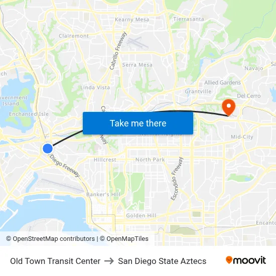 Old Town Transit Center to San Diego State Aztecs map