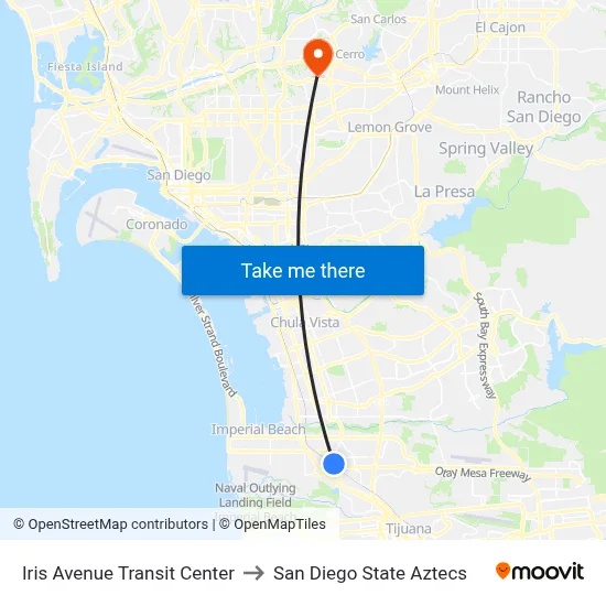 Iris Avenue Transit Center to San Diego State Aztecs map