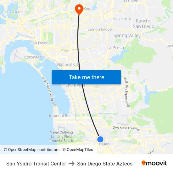 San Ysidro Transit Center to San Diego State Aztecs map