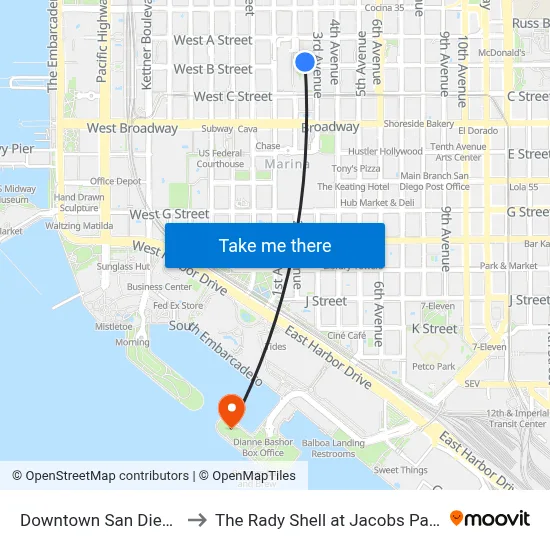 Downtown San Diego to The Rady Shell at Jacobs Park map
