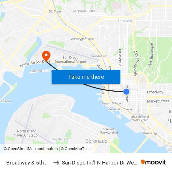 Broadway & 5th Av to San Diego Int'l-N Harbor Dr West map