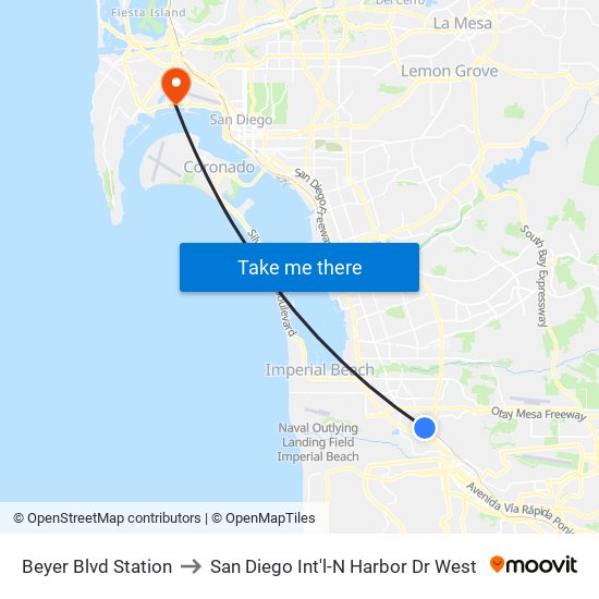 Beyer Blvd Station to San Diego Int'l-N Harbor Dr West map