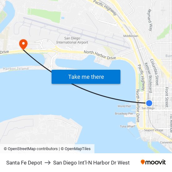 Santa Fe Depot to San Diego Int'l-N Harbor Dr West map