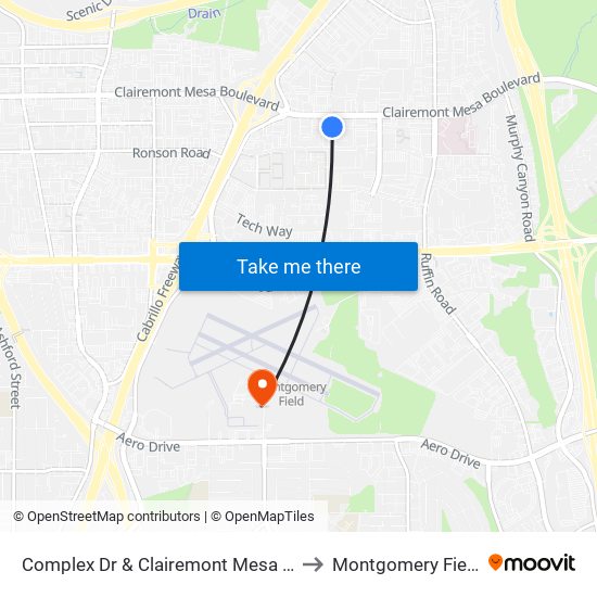 Complex Dr & Clairemont Mesa Bl to Montgomery Field map