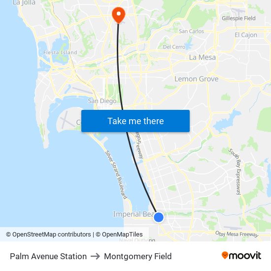 Palm Avenue Station to Montgomery Field map