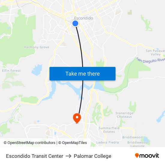 Escondido Transit Center to Palomar College map