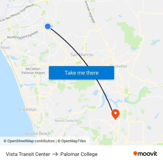 Vista Transit Center to Palomar College map