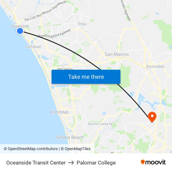 Oceanside Transit Center to Palomar College map