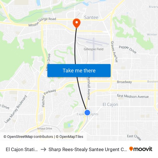 El Cajon Station to Sharp Rees-Stealy Santee Urgent Care map