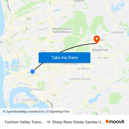 Fashion Valley Transit Center to Sharp Rees-Stealy Santee Urgent Care map