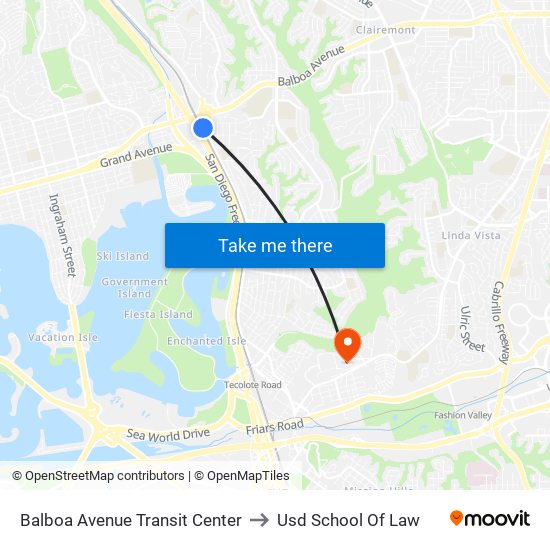 Balboa Avenue Transit Center to Usd School Of Law map