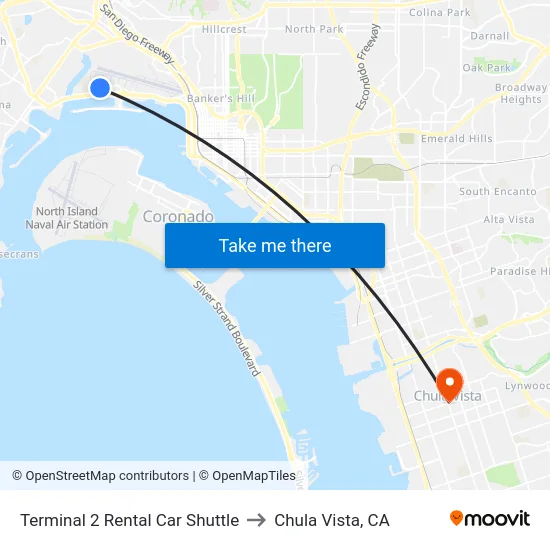 Terminal 2 Rental Car Shuttle to Chula Vista, CA map