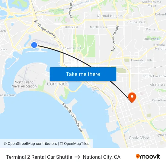 Terminal 2 Rental Car Shuttle to National City, CA map