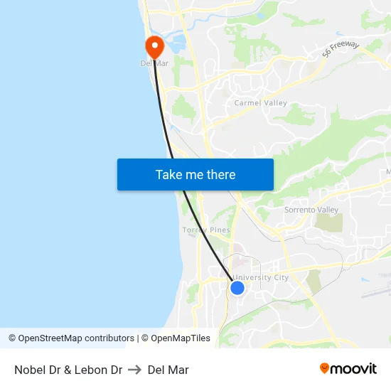 Nobel Dr & Lebon Dr to Del Mar map