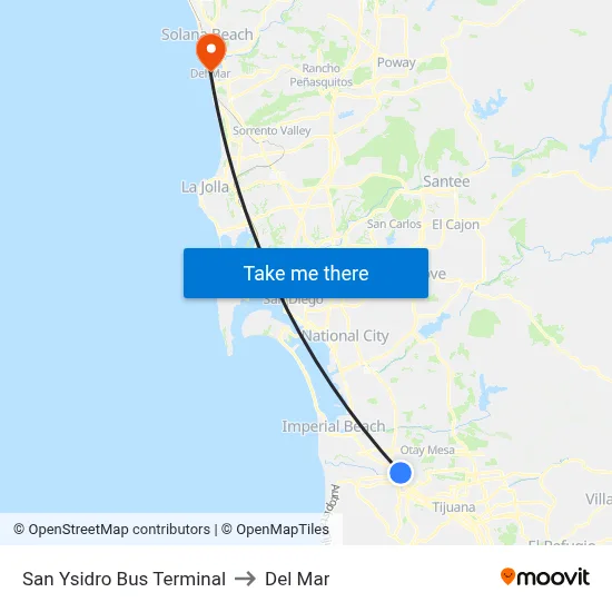 San Ysidro Bus Terminal to Del Mar map